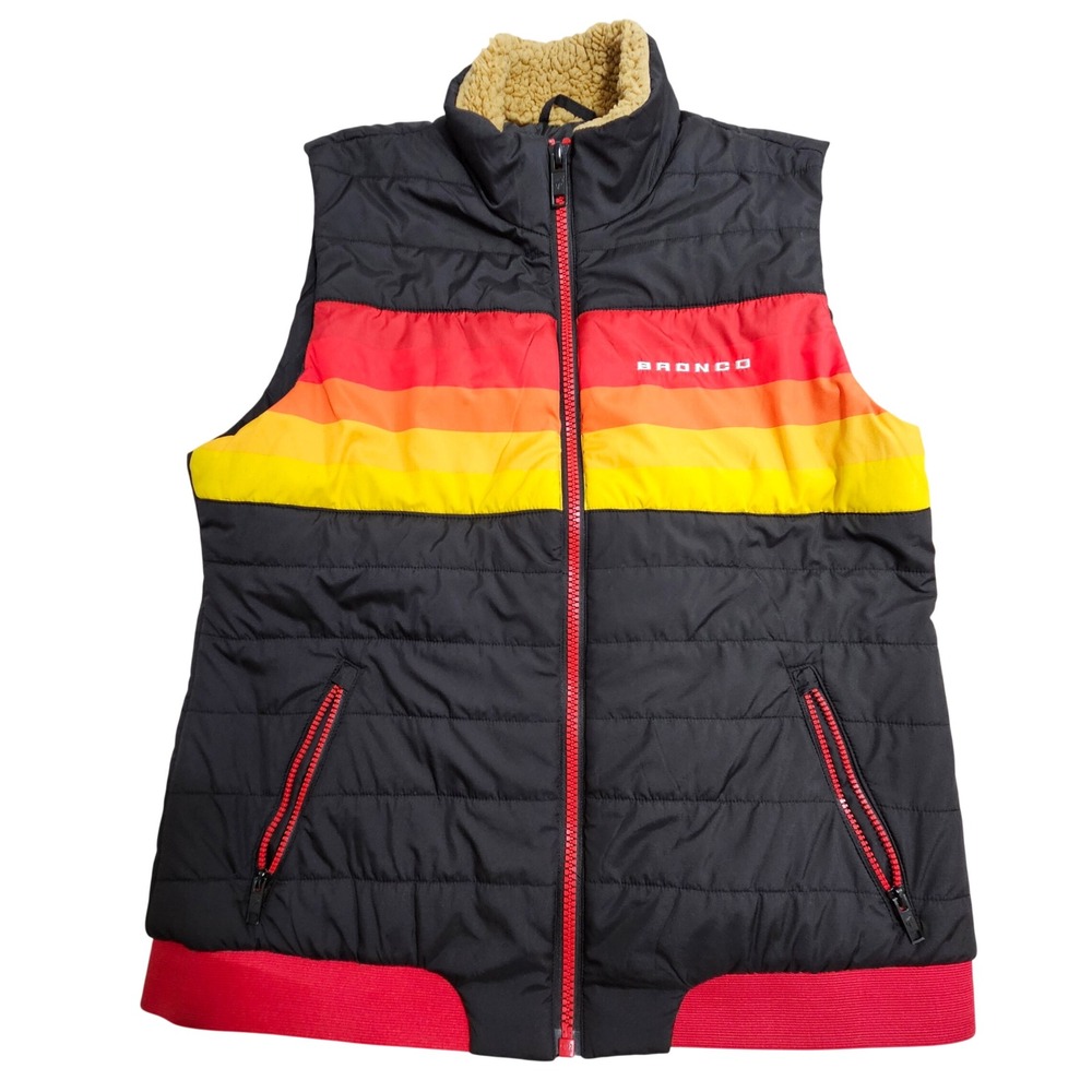 Ford Bronco Puffer Vest Large Black Sunset Striped Retro Logo Sherpa Collar